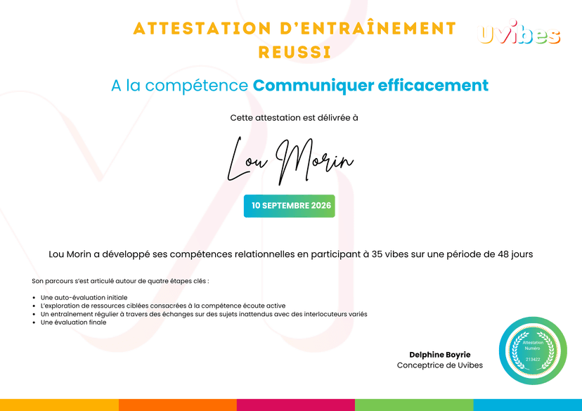 Attestation d'entraînement Uvibes — exemple Lou